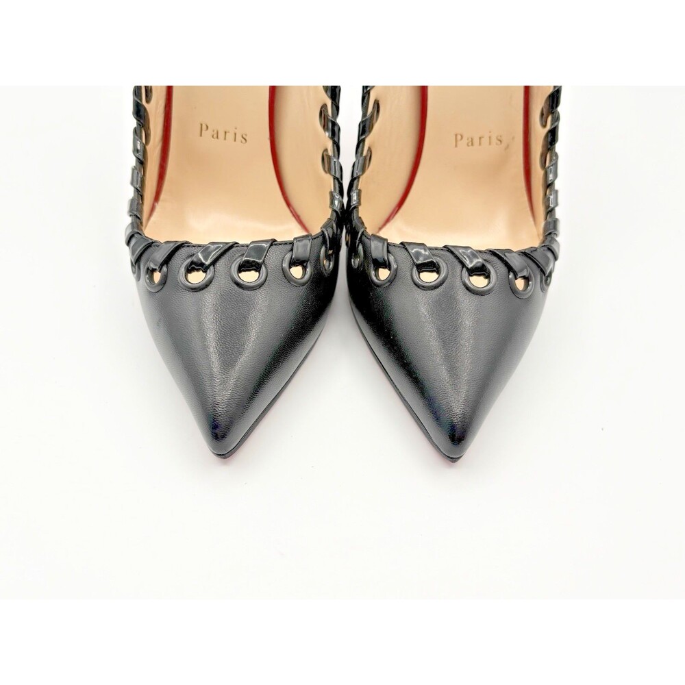 Christian Louboutin Black & Red Ostri Whipstitch Slingback Heels Size EU 38.5 - Picture 4 of 11